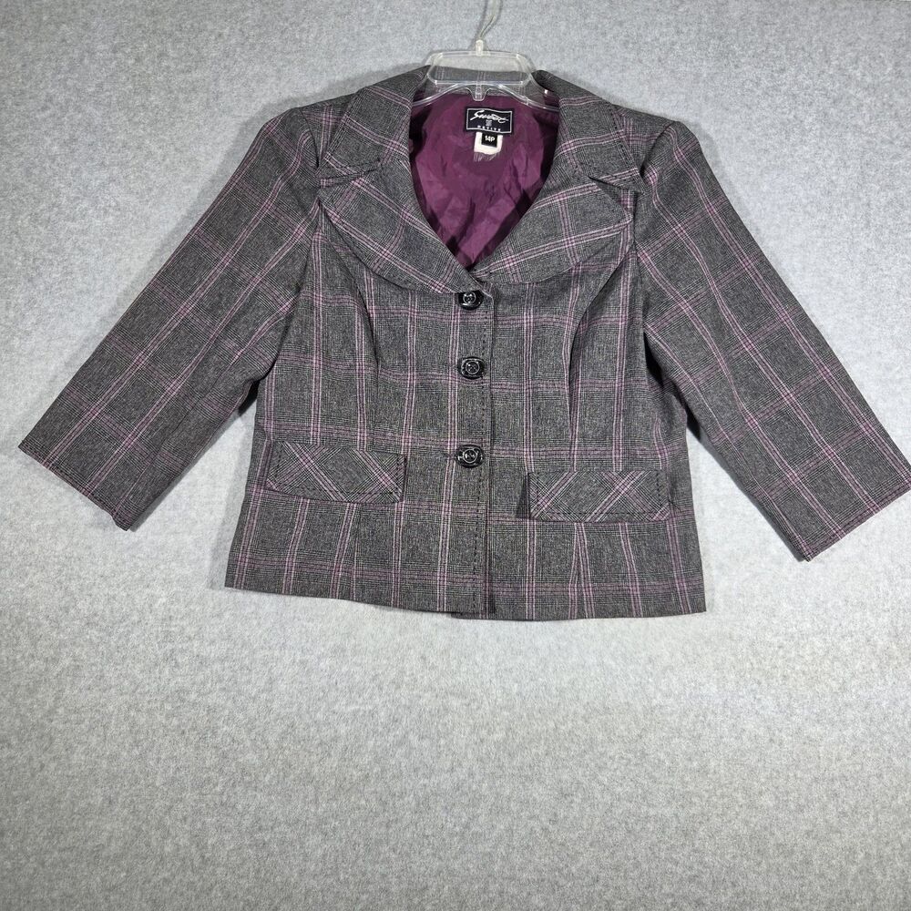 Sweet Suit Petite Womens 14P Cropped Plaid Blazer Jacket Grey Pink Check Short